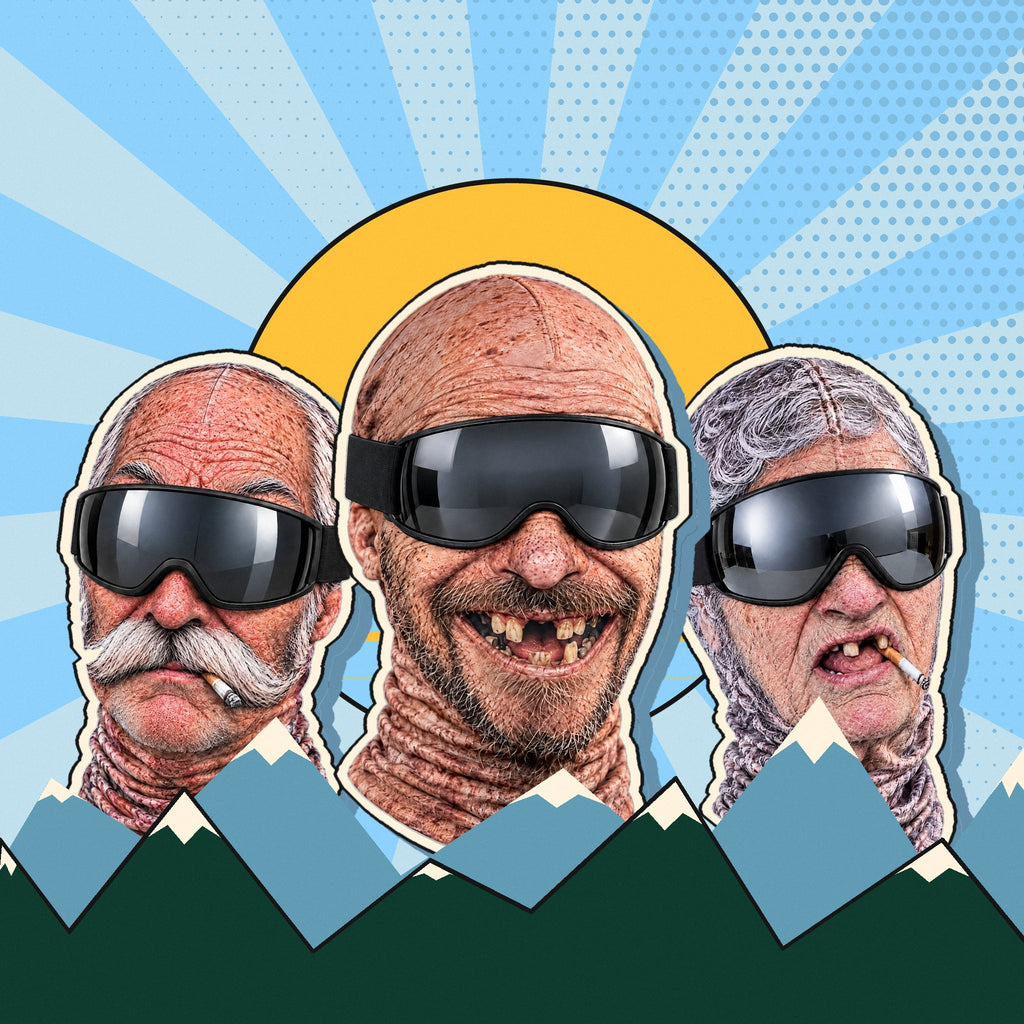 Plakat: die Skimasken «Opa Ruedi», «Onkel Sepp» und «Grosi Trudi» als Aufkleber vor einer Retro-Sonne, darunter verschneite Berge