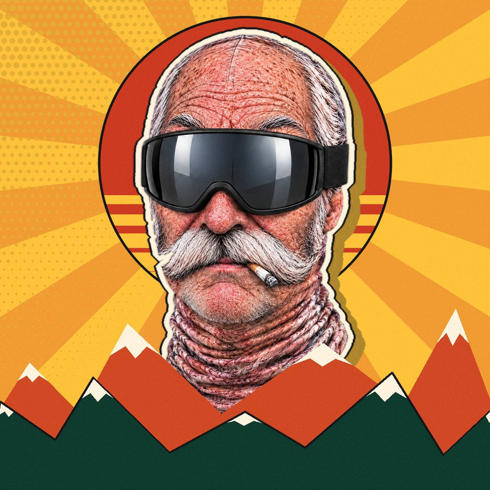 Skimaske «Opa Ruedi» als Plakatmotiv: vor einer Retro-Sonne, über verschneiten Bergen