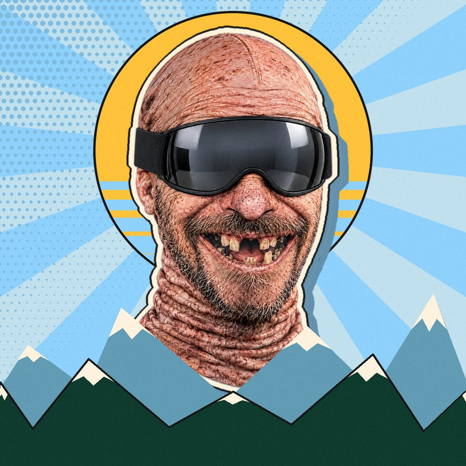 Skimaske «Onkel Sepp» als Plakatmotiv: vor einer Retro-Sonne, über verschneiten Bergen