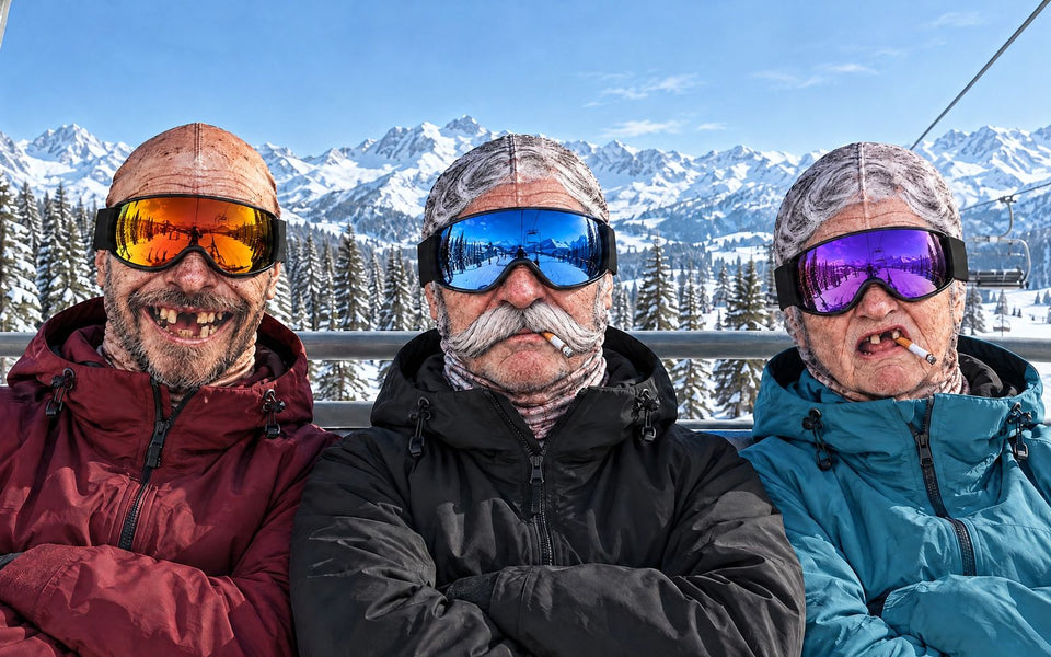 Drei Personen mit den Skimasken «Onkel Sepp», «Opa Ruedi» und «Grosi Trudi» im Sessellift